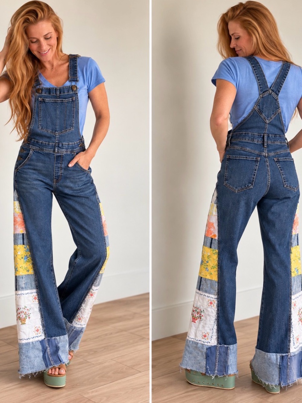 An ada B poppi Original- Blue Patchwork Wide-Leg Denim Overalls